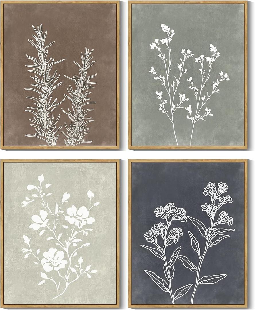 2 x Drsoum Framed Boho Wall Art Set of 4 Wooded Vintage Botanical Prints Retro Plants Rustic Antique for Bathroom Farmhouse Kitchen Home Decor Ready to Hang 8x10inx4pcs (Natural Framed)