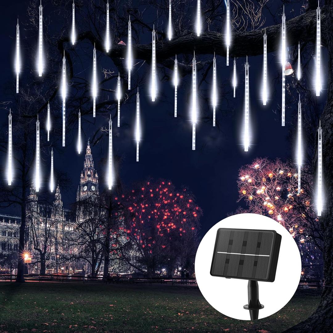 Brightown Solar Meteor Shower Lights Outdoor - 576 LED Rain Drop Lights with 16 Tubes, 16 Inches - Solar Powered Christmas Decorations for Tree Bushes Holiday Party Christmas Decor, Pure White