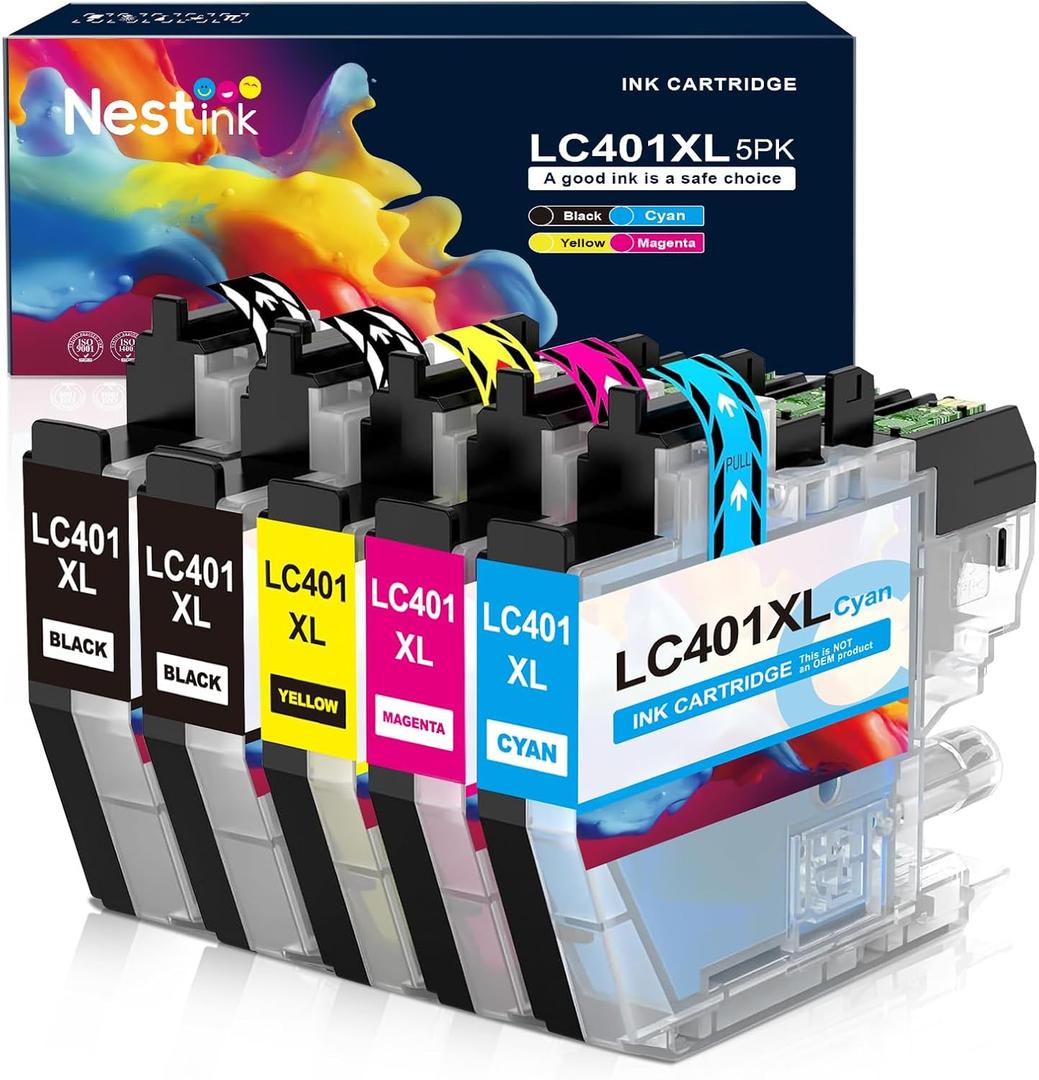LC401XL LC401 Ink Cartridges Compatible for Brother Ink Cartridges LC401 XL to use with Brother MFC-J1010DW MFC-J1012DW MFC-J1170DW Printer Ink 401 (5 Pack, 2 Black 1 Cyan 1 Magenta 1 Yellow)
