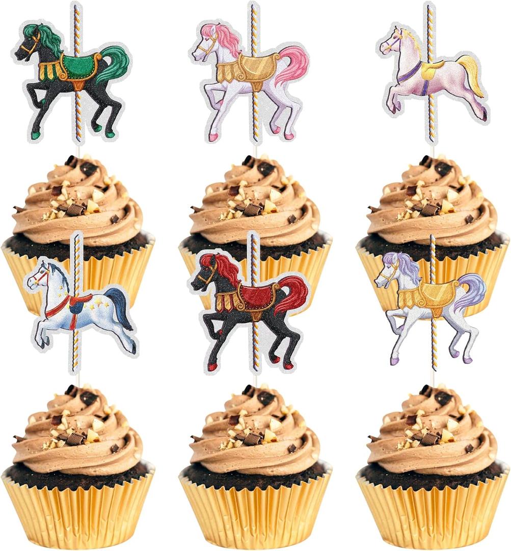 Carousel Horses Cupcake Toppers-Horse for Fairy Tale Theme Little Girl Cake Decor for Baby Shower or Birthday Party Decorations- Valentine's Day wedding Gift Classic Kids Girls Gift Toy.18PCS