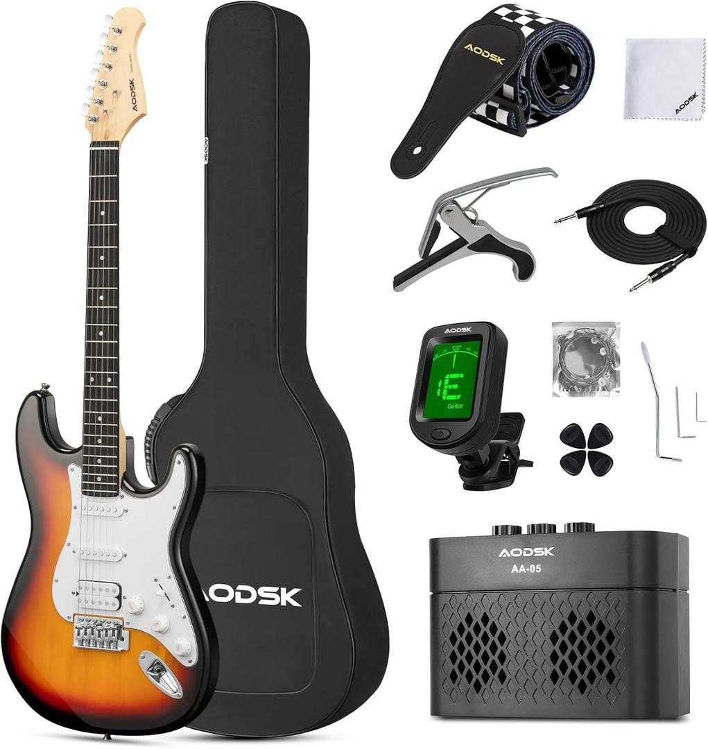 AODSK Electric Guitar with Amp Beginner Kit 39 Inch Solid Body Full Size,All Accessories,Digital Tuner,Six Strings,Four Picks,Tremolo Bar,Strap,Gig Bag,Starter kit (Sunburst-HSS)