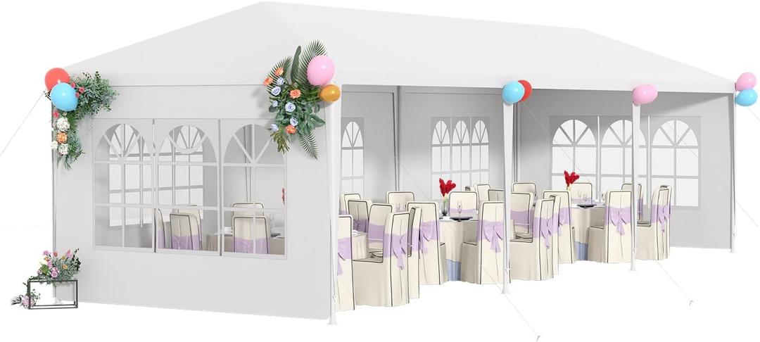 10x30 Outdoor Canopy Patio Tent Camping Gazebo Events with 5 Removable Walls for [Party] Wedding BBQ Cater, White