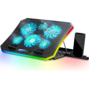 TopMate C12 Laptop Cooling Pad RGB Gaming Notebook Cooler for Desk and Lap Use, Laptop Fan Stand 8 Adjustable Heights with 6 Quiet Fans and Phone Holder, for 15.6-17.3 Inch Laptops-Ice Blue LED Light