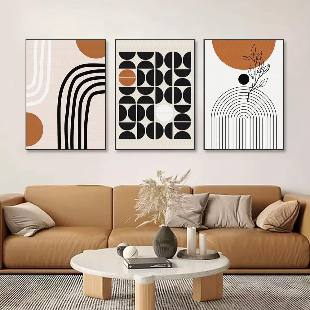 QKF Minimalist Canvas Wall Art Boho Black Brown Beige Line Geometric Abstract Modern Home Decorative Painting Bedroom Living Room Pictures Office Poster 3 Piece Set 16X 24