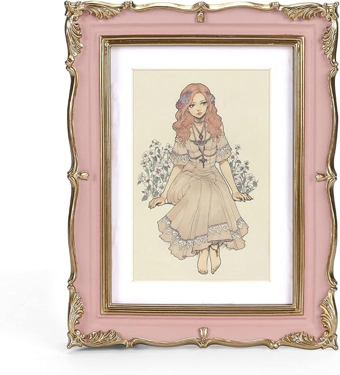 PHAREGE Pink Gold Vintage Frame for 5x7 inch Picture, Ornate Antique Frame with Mat for 4x6 inch Photo, Horizontal or Vertical, Tabletop or Wall