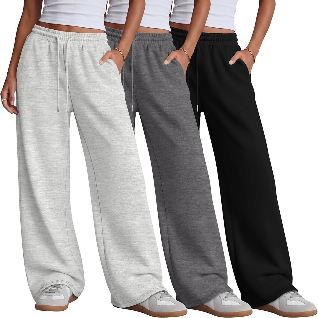 Neer 3 Pack Women's Wide Leg Sweatpants Yoga Baggy Lounge Pants Travel Cozy Workout Drawstring Loose Joggers with Pockets, Black, Light Gray, Gray (XL)