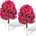Artificial Topiary Flower Balls Outdoor Set of 2, UV Resistant Faux Outdoor Plants with Durable Metal Stakes, Realistic Bark-Textured Trunk, for Front Porch Outdoor Decor Patio Garden Decor