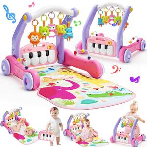 2 in 1 Baby Gym Play Mat with Walker, Kick and Play Piano Gym Activity for Boys Girls, Musical Activity Center Tummy Time Mat for 0-3-6-12-18 Months, Learning Walker Play Gym for Infant Toddler Gift (Pink)