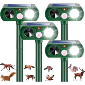 2026 New Solar Ultrasonic Animal Repellent Outdoor Motion Activated Deer Repellent Cat Deterrent with Flash Light to Keep Rodent Dog Skunk Rabbit Raccoon Squirrel Out of Yard Garden Lawn,4Pack