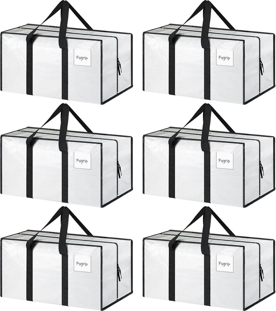 6 Pack Extra Heavy Duty Large Moving Bags with Strong Zipper & Comfortable Handles, Sturdy & Durable Clothes Storage Bags Totes Bins, Packing Moving Boxes for College Supplies, White