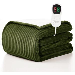 Homemate Heated Blanket Electric Throw - 50"x60" Heating Blanket Throw 1/2/4/6/8 Hours Auto-Off 10 Heat Levels Over-Heat Protection Soft Flannel Sherpa ETL Certification (12 - Olive (Striped))