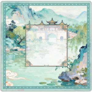 Qabliqo Elegant Chinese Garden Mahjong Mat, Teal Green Chinoiserie Pavilion Lake Non-Slip Noise Reduction Gaming Mat 31.5 x 31.5 Inch for Table American Mahjong Games Card Games Poker Board Dominoes