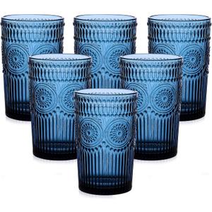 Vintage Glassware Drinking Glasses Set of 6,13 oz Blue Textured Flower Design Glass Water Tumblers Embossed Striped Drinkware for Water, Cocktails, Juice, Iced Coffee