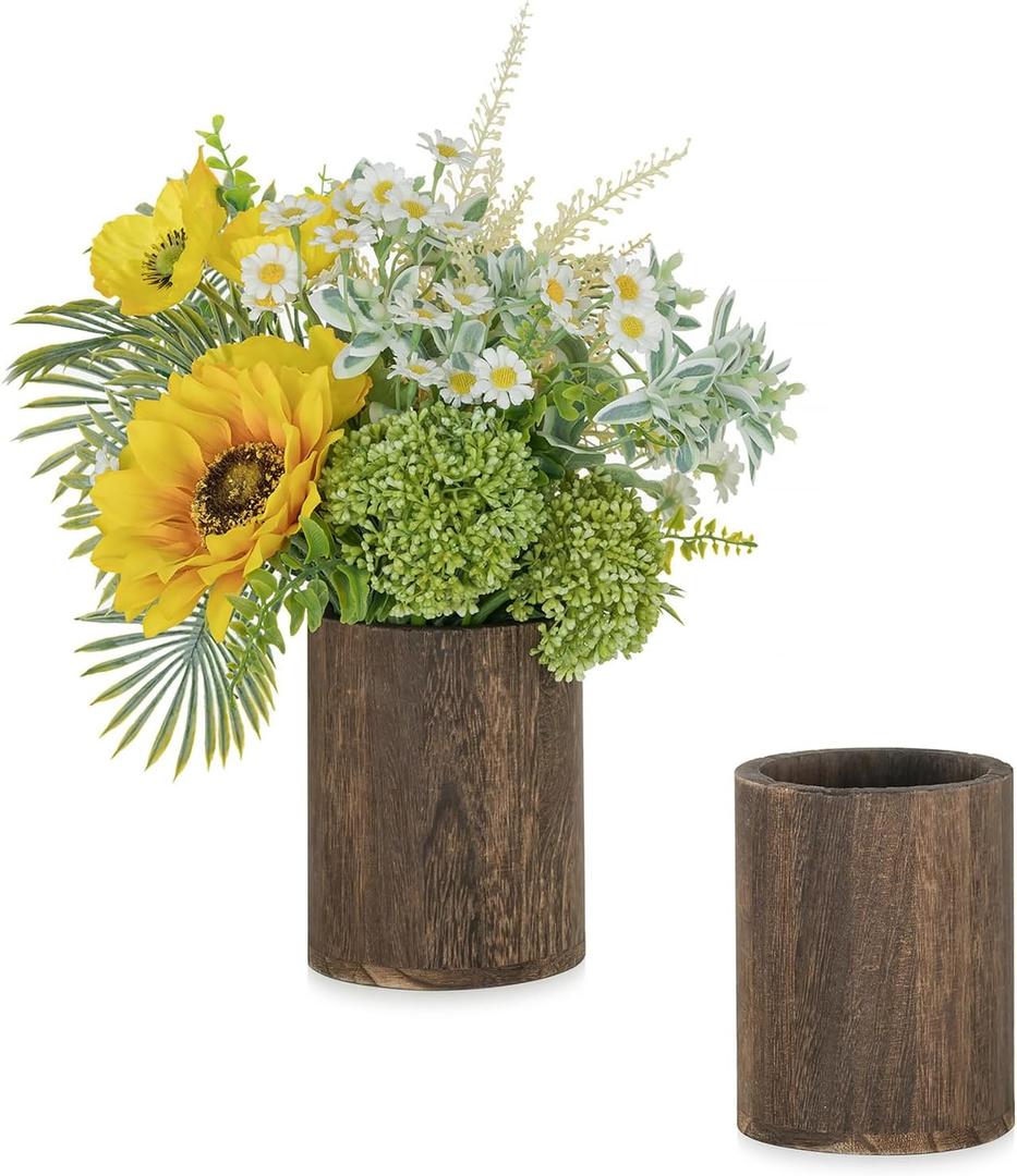 NUPTIO Wood Vases Rustic Centerpiece: 2 Pcs 5.1" Wooden Vase for Home Decor - Brown Small Vase for Wedding Table Living Room Shelf Decor