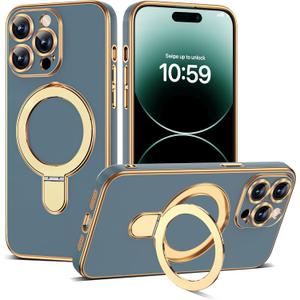 Compatible with iPhone 14 Pro Case with Magnetic Ring Stand [Compatible with Mag-Safe] [Full Camera Lens Protector] Soft Plating Phone Case for iPhone 14 Pro 6.1", Grey Blue