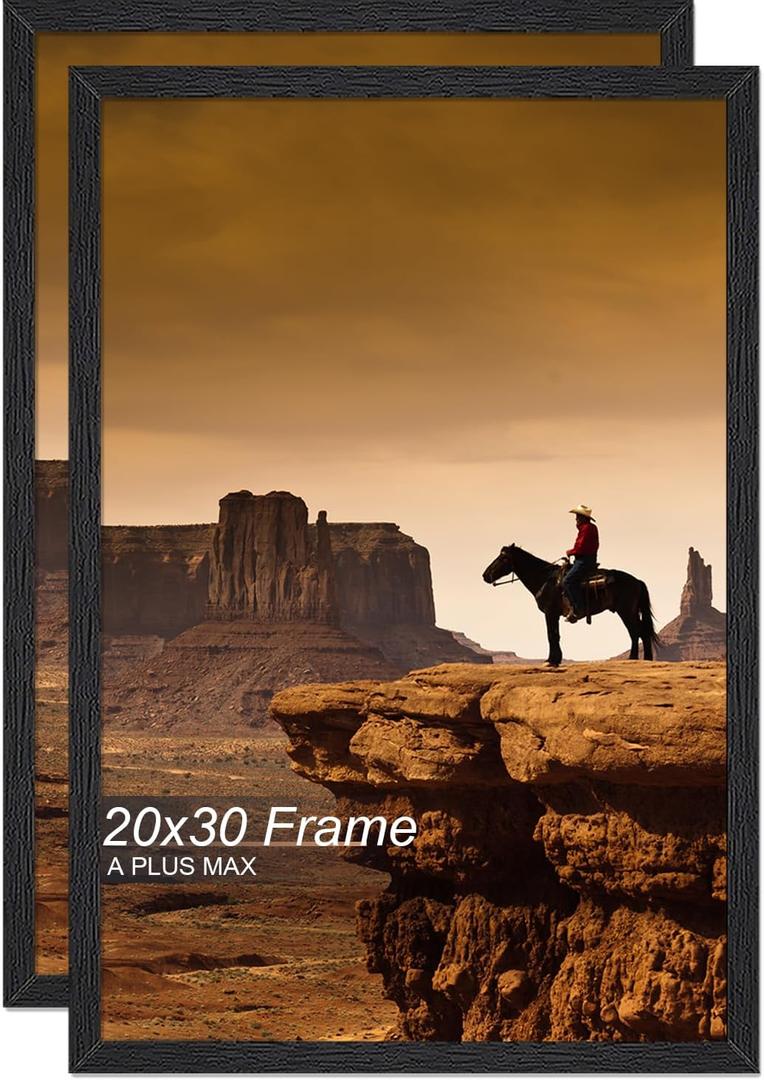 A PLUS MAX 20x30 Picture Frame Set of 2, Black Engineered Wood Frame for 20 x 30 Inch Picture Poster Photo, Light Weight 20 by 30 Frame with Wood-grain for Wall - 2 Pack/Black/20 x30