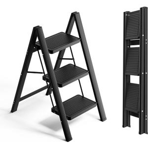 SOLADDER Step Ladder 3 Step Folding, Small Step Stool for Adults, Portable Anti-Slip Iron Stepladder with Wide Pedals for Home and Kitchen Use, Space Saving - Black (300 lbs)