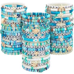 Landical 64 Pieces Summer Beach Bracelet Bulk Surfer Beaded Bracelets Stackable Clay shell Seashell Starfish Friendship Party Favor Pack Jewelry Outfits for Women Goody Bag Fillers