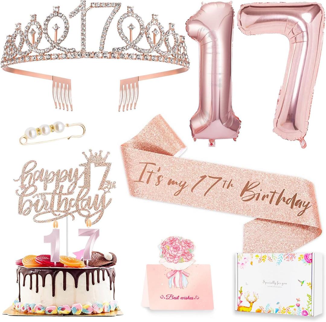 17th Birthday Decorations for Girls, 17th Birthday Sash and Crown, Cake Topper, Number Candles and Balloons, 17 Year Old Gifts for Girls