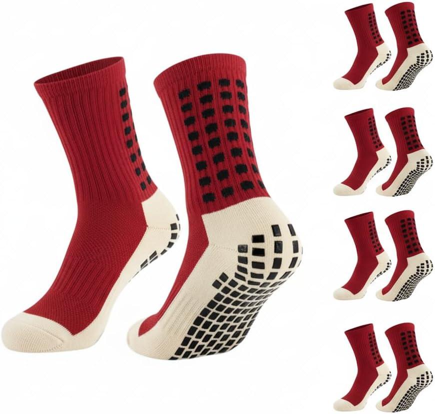 Aimery 4 Pairs Mens Grip Soccer Socks Non Slip Grippy Women Socks for Football Basketball Sports (Red)