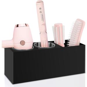 Hair Tool Organizer, Hair Dryer Holder with Heatproof Steel Cups, Acrylic Vanity Organizer for Curling Iron, Flat Iron & Hair Brushes, Perfect for Bathroom (Black, Standard)