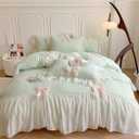 Ruffled Bedding Bow Duvet Cover Set with Butterfly Tie, Soft Brushed Microfiber Shabby Chic Bedding Set with Zipper Closure (Full, Green)