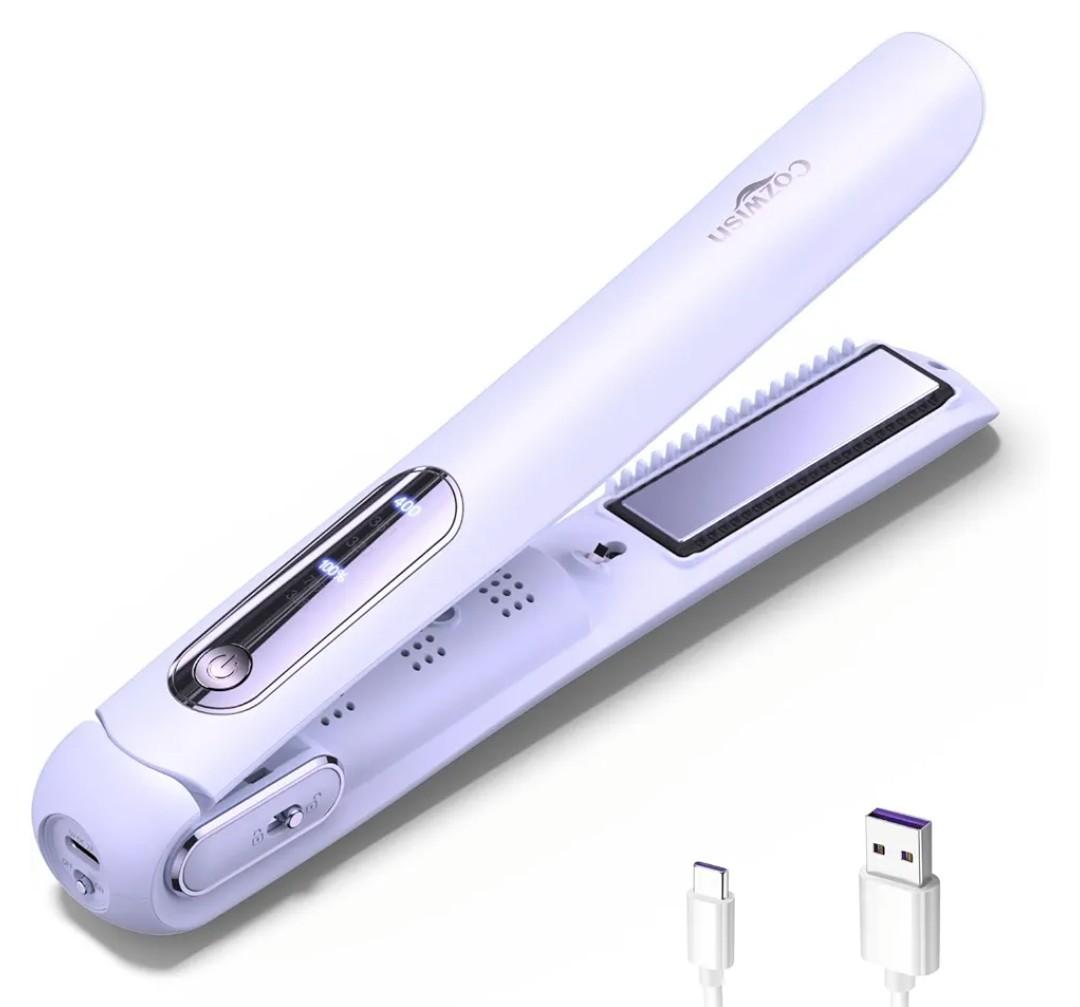 Cordless Hair Straightener, Portable Flat Iron and Curler 2 in 1, Fast Heat, Type-C Rechargeable, for Travel/Home (Purple)