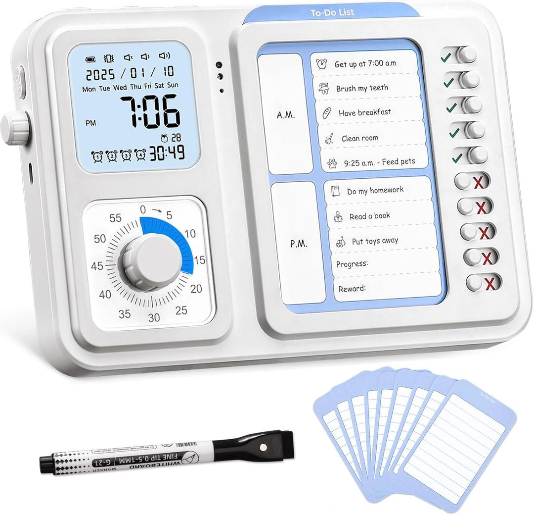 3-in-1 Visual Timer & ADHD Tool for Kids|Adults, Task Timer with Chore Chart Board, Visual Schedule for Kids with Autism, Daily Checklist for Home, School, Classroom, Desk (White)