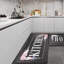 Flowers Home Kitchen Mat Sets 2PCS Non Skid Waterproof Kitchen Rugs and Runner Sets Cushioned Anti-Fatigue Comfort Mat for Home,Office Memory Foam Kitchen Rug, 17.3"30"+17.3"47",Black