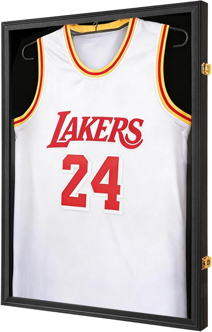 Jersey Frame Display Case for Wall ,Large Lockable T-Shirt Shadow Box with Clear UV Protection Acrylic & Hangers for Football Basketball Baseball Soccer Hockey, Matte Black 1 Pack