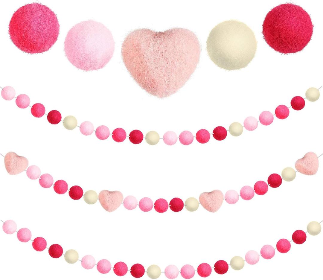 Tatuo 3 Pieces Valentines Day Felt Garlands Decorations Red Pink Heart Ball Garland Hanging Pom Pom Banners 6.56 ft Felt Garland Banner for Party Home Wall Decor(Eye-catching Colors)