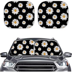 Babrukda Windshield Sun Shade Foldable 2pcs Car Front Window Sunshade Blocks UV Rays Portable Sun Visor Elegant White Daisy Design Car Interior Accessiores Universal