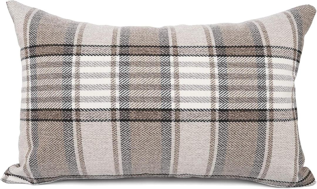 YOUR SMILE Retro Farmhouse Buffalo Tartan Chequer Stripe Plaid Cotton Linen Decorative Throw Pillow Case Cushion Cover Pillowcase for Sofa Outdoor Indoor (Brown, 12''x20'') (20" x 12" (Pack of 1))
