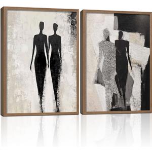 2 Pcs Framed Abstract Figure Wall Art Modern Black and White Minimalist Canvas Prints for Living Room Bedroom Bathroom Studio 16x24 Inch Ready to Hang