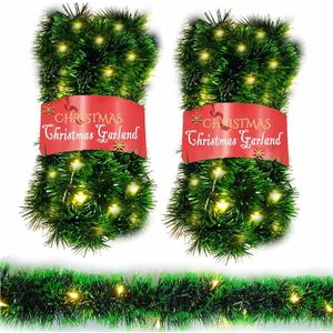 2 Pack Christmas Garland with Lights, Total 38 Feet 80 Led Battery Operated Pre-Lit Long Garland for Stairs Railing Fireplace Mantle Door Frame Decor Green Greenery Indoor Outdoor Office Decorations