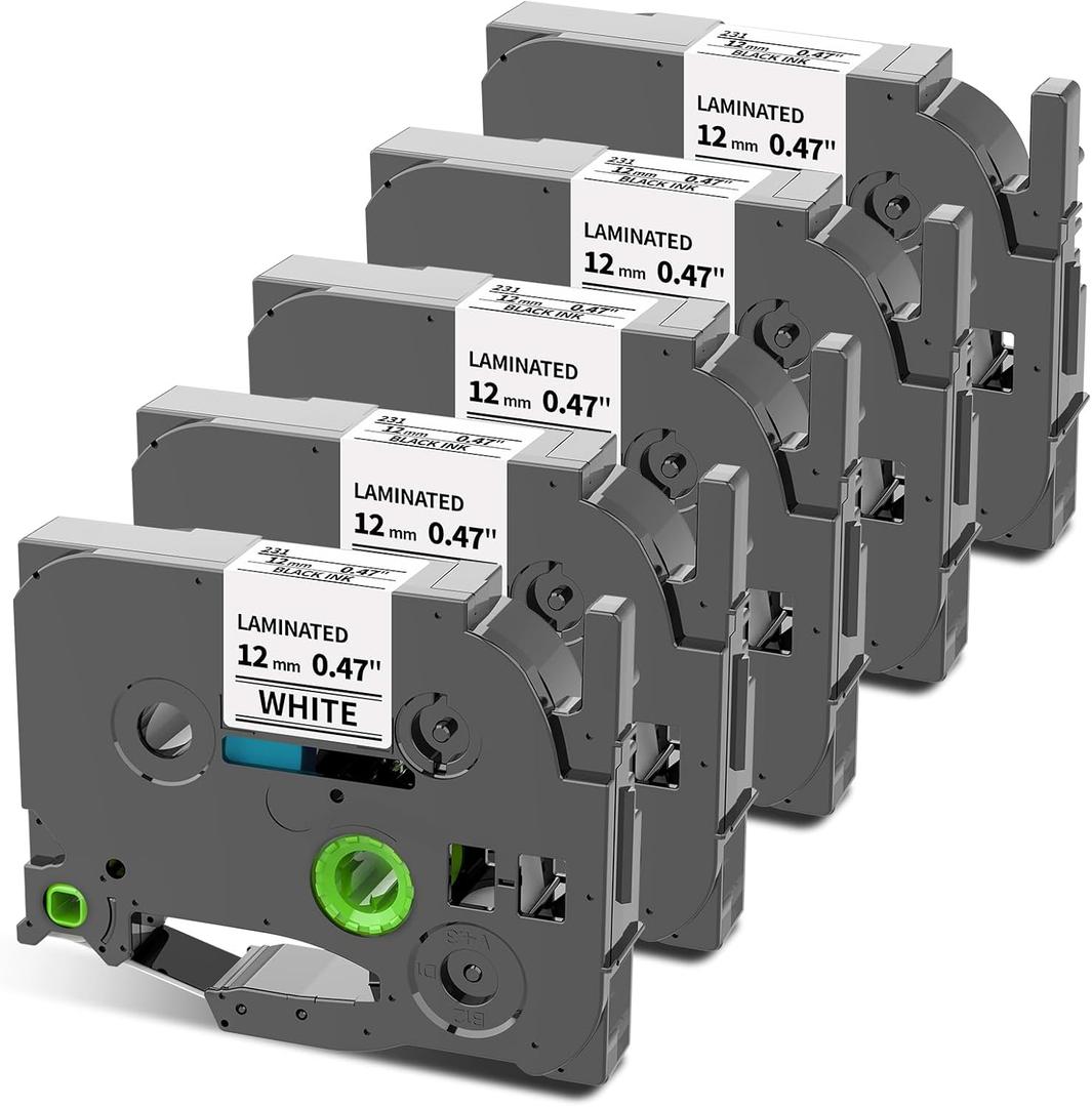 COLORWING TZe-231 TZ Tape 12mm 0.47 Laminated White Replace for Brother P-Touch Label Tape 1/2 inch Label Maker Tape TZe231 for Brother Ptouch PT-D210 D220 H110 1280 D410 D610 Refills, 5-Pack (Black on White)