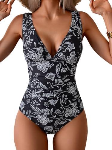 Eomenie One Piece Swimsuit for Women Tummy Control Plunge V Neck Bathing Suit Slimming Wide Straps Swimwear Large, Black White Print  Eomenie One Piece Swimsuit for Women Tummy Control Plunge V Neck Bathing Suit Slimming Wide Straps Swimwear Large, Black White Print
