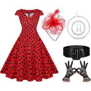 6 Pcs Vintage Swing Dress for Women 1950s, Polka Dot Dresses Tea Party Outfit Costume for Retro Derby Cocktail (Large, Red)