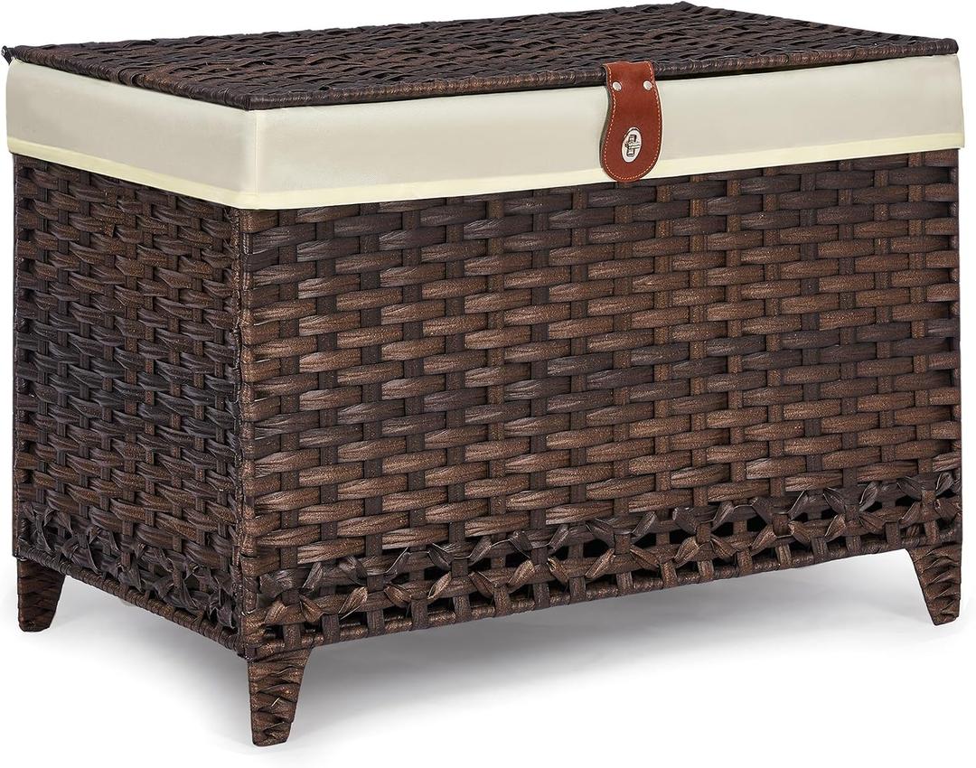 Honjourai Wicker Storage Basket with Lid,Rattan Shelf Basket with Removable Liner Bag,105L Storage Bin,Storage Trunk with Heightened Feet,Storage Container for Wardrobe,Home Organizer