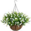 Artificial Hanging Flowers Basket for Outdoors, Faux Hanging Basket with Fake Flowers, UV Resistant Outdoor Hanging Plants for Porch Patio Garden Balcony Decor, White + Blue-White