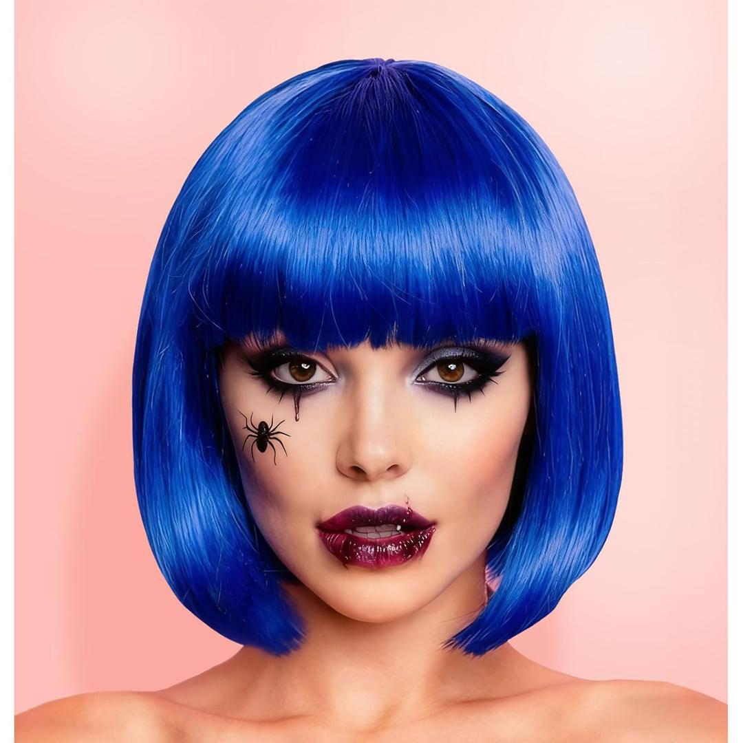 Blue Bob Wig With Bangs 12 Inch Royal Blue Wig Short Synthetic Fiber Bob Wigs for Women Short Bob Wigs and Halloween Cosplay Wig for Daily Life Colorful Wigs With One Cap (Blue)