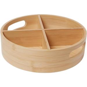 Bamboo Lazy Susan Turntable Organizer, 4 Compartment Rotating Spice Organizer Tray with Dividers, 11.8 Inch Round Kitchen Cabinet Pantry Storage, Light Yellow