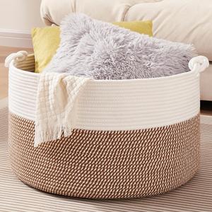 OIASKET Large Blanket Storage Basket for Living Room, 22.8" x 22.8" x 13" Woven Cotton Rope Basket with Handles, Baby Toy Storage, Laundry Hamper for Clothes, Pillows, Towels-Yellow and White (90L)