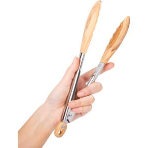 Salt & York Wooden Tongs Kitchen Long handle with non-Slip Grip for Cooking, Salad, Serving Food, Grilling - 11 Inch - Set of 1 (Olive)
