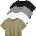 Xelky Womens Crop Casual Tops Tshirt Cotton Loose Workout Short Sleeve Round Neck Tee Yoga Running Shirts 4 Pack (Medium, Black/Army Green)