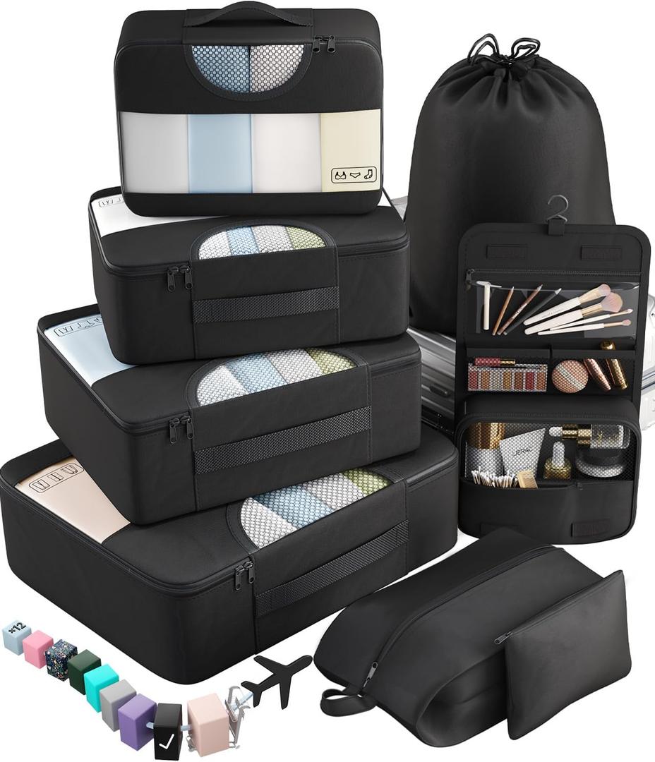 Veken 8 Set Packing Cubes for Travel Essentials, Suitcase Organizer Bags in 4 Sizes, Carry-On Luggage Accessories with Large Laundry & Toiletry Bag, Must-Have for Airplane, Road Trip & Camping (Black)
