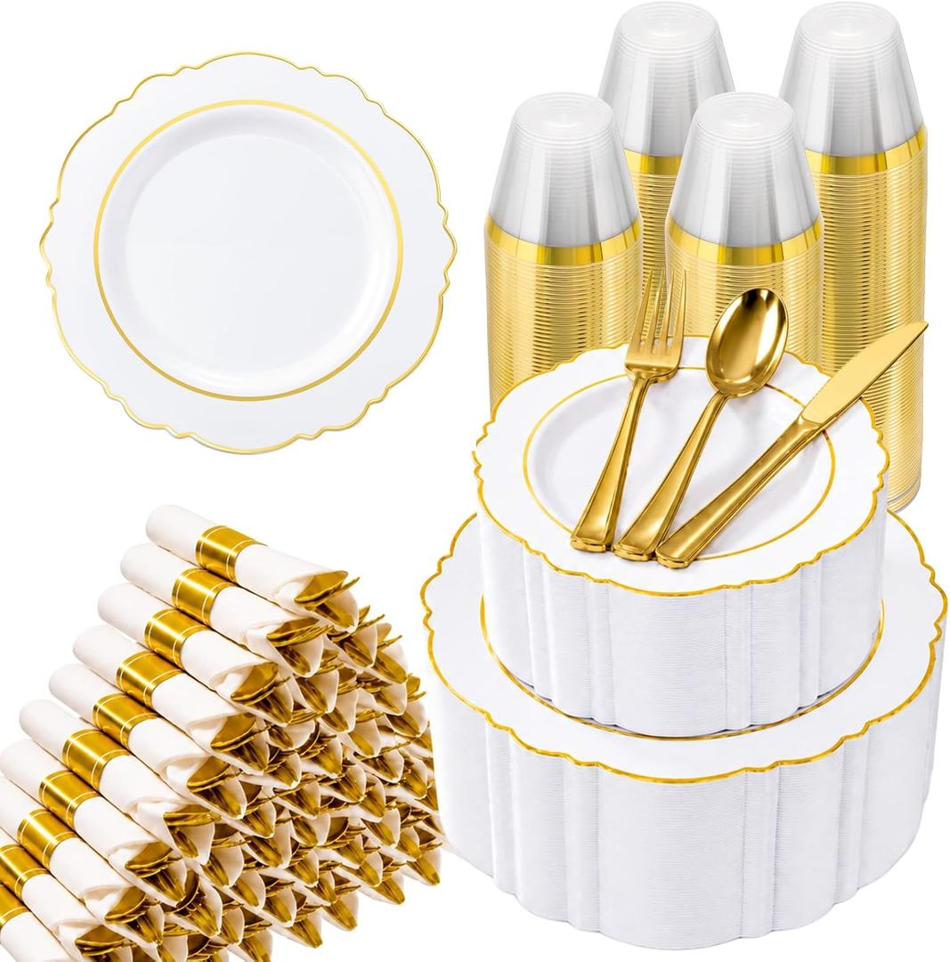 700 Piece White and Gold Plastic Dinnerware Set for 100 Guests