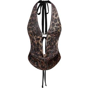 Verdusa Women's Cheetah Print Sequin Top Y2K Tie Back Corset Halter Going Out Crop Tops (Brown, Small)