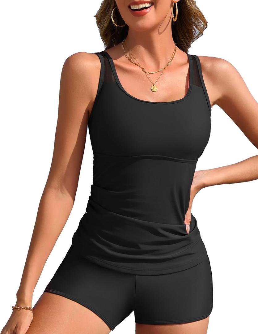 2 Piece Mesh Tankini Swimsuits for Women Tummy Control Bathing Suits with Short Modest Ruched Tankini Set (M, Black)