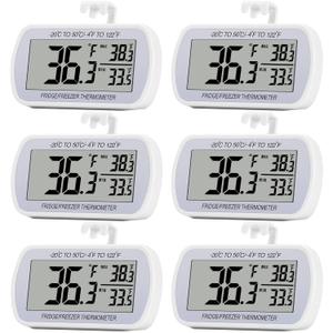 6 Pack Digital Refrigerator Thermometer Fridge Freezer Room Thermometer Waterproof Large LCD Display Max/Min Record Function, White